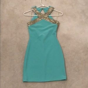turquoise dress with gold sequins
